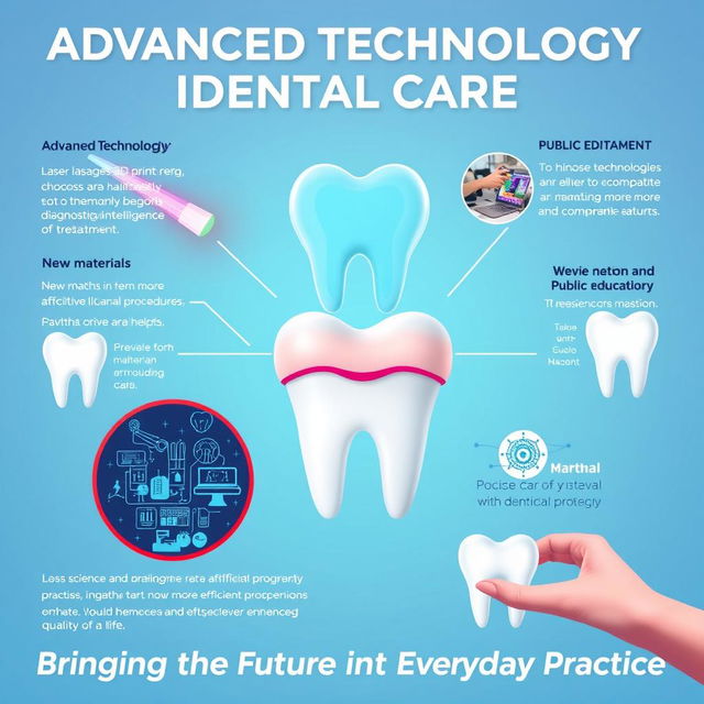 A visually engaging poster highlighting the importance of innovation in dentistry, showcasing advanced technologies like lasers, 3D printing, and artificial intelligence (AI) that facilitate diagnosis and treatment, alongside new materials that provide more effective and comfortable procedures