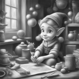 A charming black and white graphite pencil drawing in the style of Disney cartoons, featuring a Christmas elf busy making toys