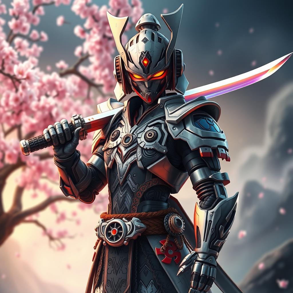 A mechanical doll designed in an anime style, portraying a male swordsman with a striking mechanical face that symbolizes power and precision