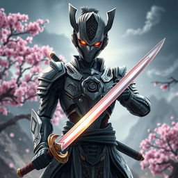 A mechanical doll designed in an anime style, portraying a male swordsman with a striking mechanical face that symbolizes power and precision