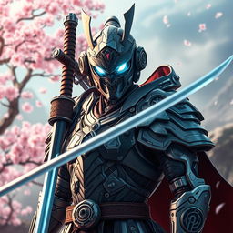 A mechanical doll designed in an anime style, portraying a male swordsman with a striking mechanical face that symbolizes power and precision