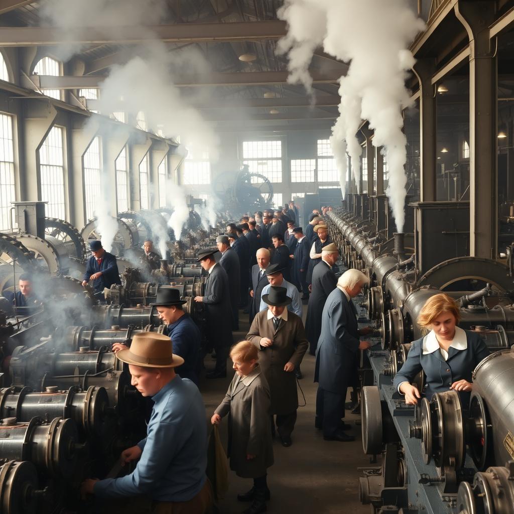 A bustling industrial factory scene during the Second Industrial Revolution, featuring rows of machines with steam engines and workers in period-appropriate clothing