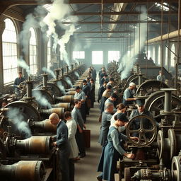 A bustling industrial factory scene during the Second Industrial Revolution, featuring rows of machines with steam engines and workers in period-appropriate clothing