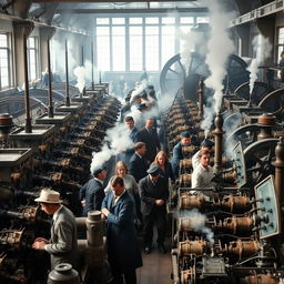 A bustling industrial factory scene during the Second Industrial Revolution, featuring rows of machines with steam engines and workers in period-appropriate clothing