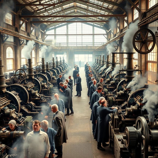 A bustling industrial factory scene during the Second Industrial Revolution, featuring rows of machines with steam engines and workers in period-appropriate clothing