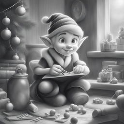 A charming black and white graphite pencil drawing in the style of Disney cartoons, featuring a Christmas elf busy making toys