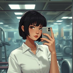 A character inspired by Mathilda from the movie 'Leon: The Professional', wearing a simple white shirt, taking a selfie with her iPhone in a gym's mirror