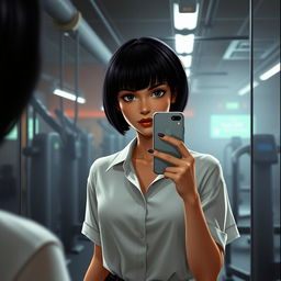 A character inspired by Mathilda from the movie 'Leon: The Professional', wearing a simple white shirt, taking a selfie with her iPhone in a gym's mirror