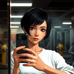 A character inspired by Mathilda from the movie 'Leon: The Professional', wearing a simple white shirt, taking a selfie with her iPhone in a gym's mirror