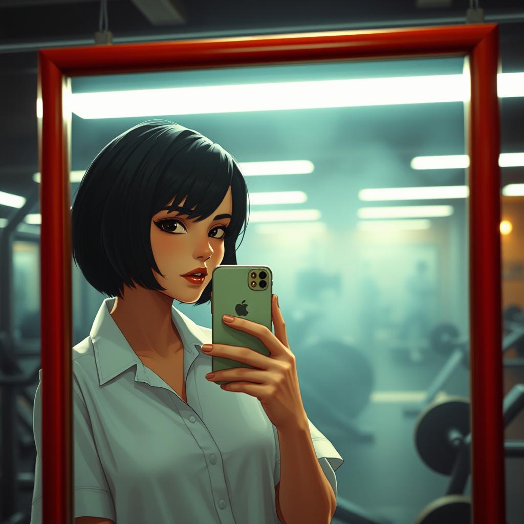 A character inspired by Mathilda from the movie 'Leon: The Professional', wearing a simple white shirt, taking a selfie with her iPhone in a gym's mirror