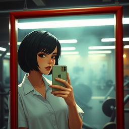 A character inspired by Mathilda from the movie 'Leon: The Professional', wearing a simple white shirt, taking a selfie with her iPhone in a gym's mirror