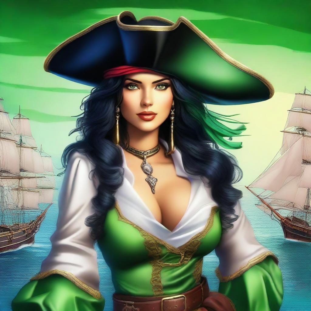 A captivating digital art of a pirate woman with striking black hair and vibrant green eyes