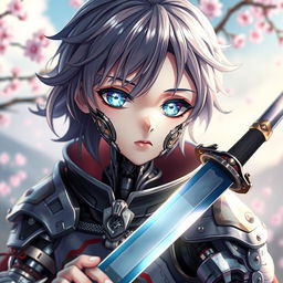 A mechanical doll designed in an anime style, portraying a fragile-looking male swordsman with an intricately constructed mechanical face