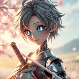 A mechanical doll designed in an anime style, portraying a fragile-looking male swordsman with an intricately constructed mechanical face
