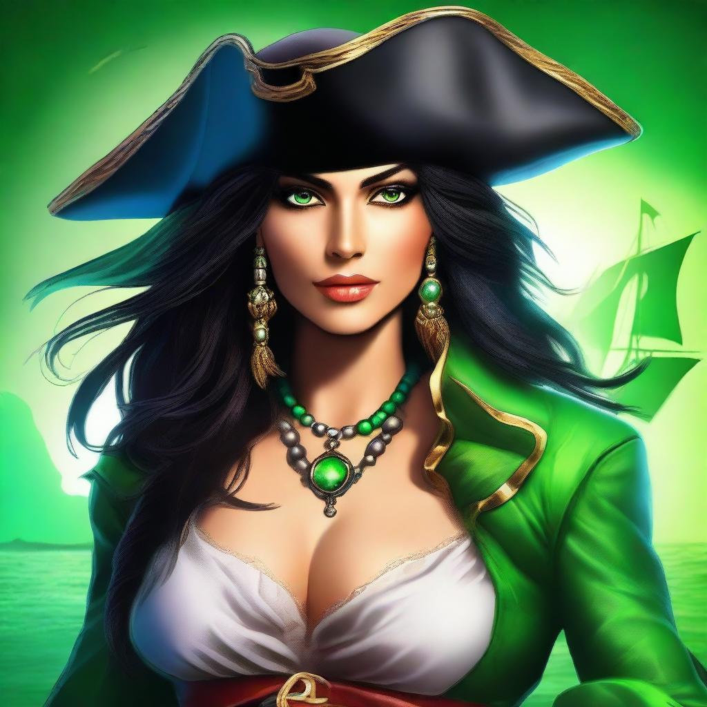 A captivating digital art of a pirate woman with striking black hair and vibrant green eyes