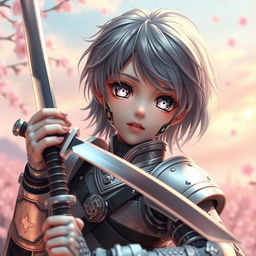A mechanical doll designed in an anime style, portraying a fragile-looking male swordsman with an intricately constructed mechanical face