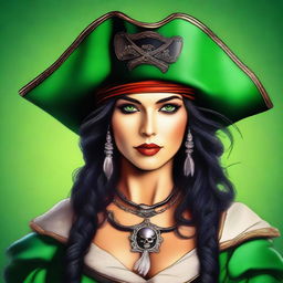 A captivating digital art of a pirate woman with striking black hair and vibrant green eyes