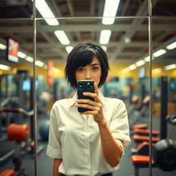 A character inspired by Mathilda from the movie 'Leon: The Professional', wearing a simple white shirt, taking a selfie with her iPhone in a gym's mirror