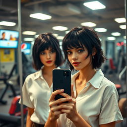 A character inspired by Mathilda from the movie 'Leon: The Professional', wearing a simple white shirt, taking a selfie with her iPhone in a gym's mirror