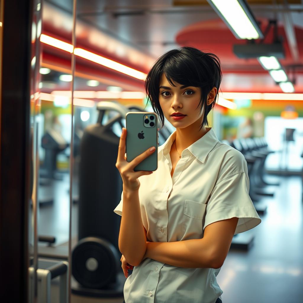 A character inspired by Mathilda from the movie 'Leon: The Professional', wearing a simple white shirt, taking a selfie with her iPhone in a gym's mirror