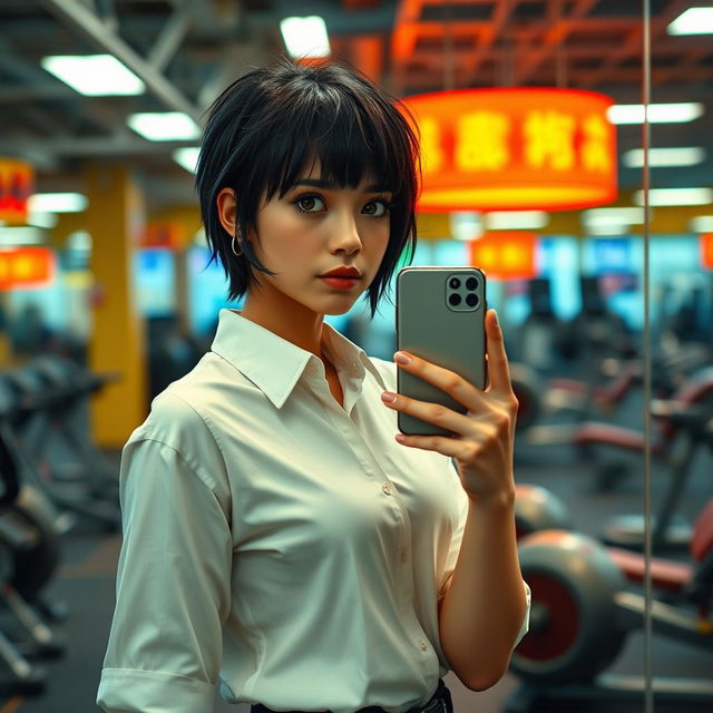 A character inspired by Mathilda from the movie 'Leon: The Professional', wearing a simple white shirt, taking a selfie with her iPhone in a gym's mirror