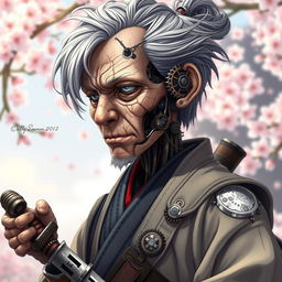 A mechanical doll depicted in an anime style, featuring an elderly male swordsman with a mechanical face that has a fragile and worn appearance