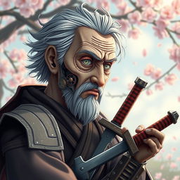 A mechanical doll depicted in an anime style, featuring an elderly male swordsman with a mechanical face that has a fragile and worn appearance