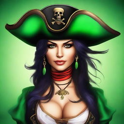 A captivating digital art of a pirate woman with striking black hair and vibrant green eyes