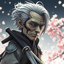 A mechanical doll depicted in an anime style, featuring an elderly male swordsman with a mechanical face that has a fragile and worn appearance