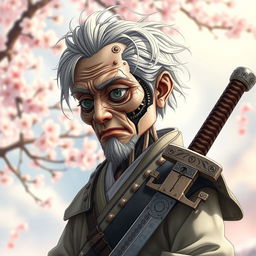 A mechanical doll depicted in an anime style, featuring an elderly male swordsman with a mechanical face that has a fragile and worn appearance