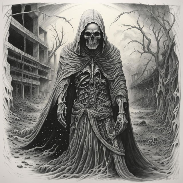 An intricate, black and white graphite pencil drawing of a dystopian scene featuring the Grim Reaper