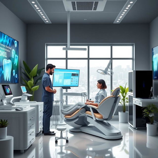 A modern dental clinic interior showcasing advanced dental technology, featuring sleek digital equipment like 3D printers, laser treatment devices, and high-tech chairs