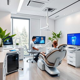 A modern dental clinic interior showcasing advanced dental technology, featuring sleek digital equipment like 3D printers, laser treatment devices, and high-tech chairs