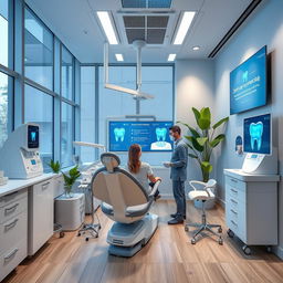 A modern dental clinic interior showcasing advanced dental technology, featuring sleek digital equipment like 3D printers, laser treatment devices, and high-tech chairs