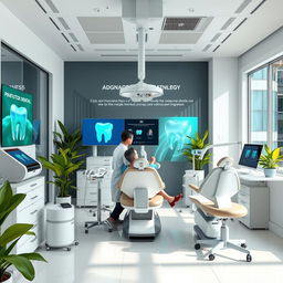 A modern dental clinic interior showcasing advanced dental technology, featuring sleek digital equipment like 3D printers, laser treatment devices, and high-tech chairs