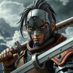 A mechanical doll designed in an anime style, featuring a male swordsman with a weathered mechanical face that tells a story of experience and battle