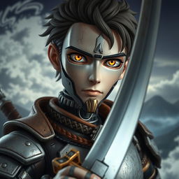 A mechanical doll designed in an anime style, featuring a male swordsman with a weathered mechanical face that tells a story of experience and battle