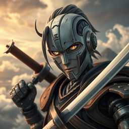 A mechanical doll designed in an anime style, featuring a male swordsman with a weathered mechanical face that tells a story of experience and battle