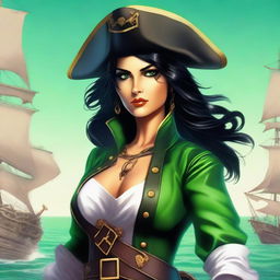 An image featuring a pirate woman with black hair and green eyes, rendered in high-quality digital art