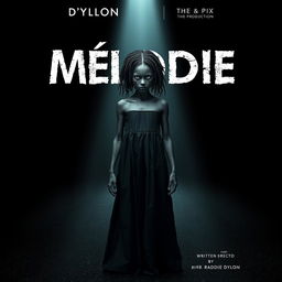 An eerie horror movie poster featuring an 18-year-old Malagasy girl with nappy hair standing in the center of a dark, deserted street