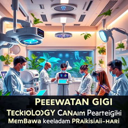 A futuristic dental care poster featuring advanced technology being utilized in a dental clinic