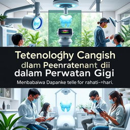 A futuristic dental care poster featuring advanced technology being utilized in a dental clinic