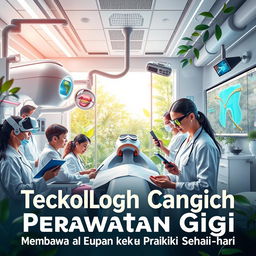 A futuristic dental care poster featuring advanced technology being utilized in a dental clinic