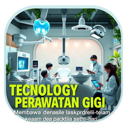 A futuristic dental care poster featuring advanced technology being utilized in a dental clinic