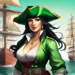 An image featuring a pirate woman with black hair and green eyes, rendered in high-quality digital art