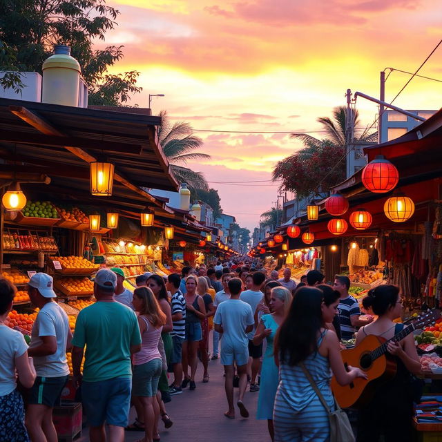 A vibrant street market during sunset, filled with colorful stalls selling fruits, vegetables, and handmade crafts