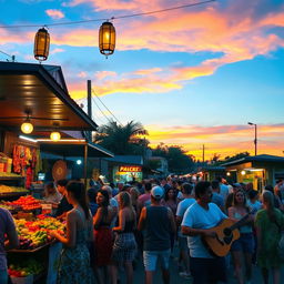 A vibrant street market during sunset, filled with colorful stalls selling fruits, vegetables, and handmade crafts