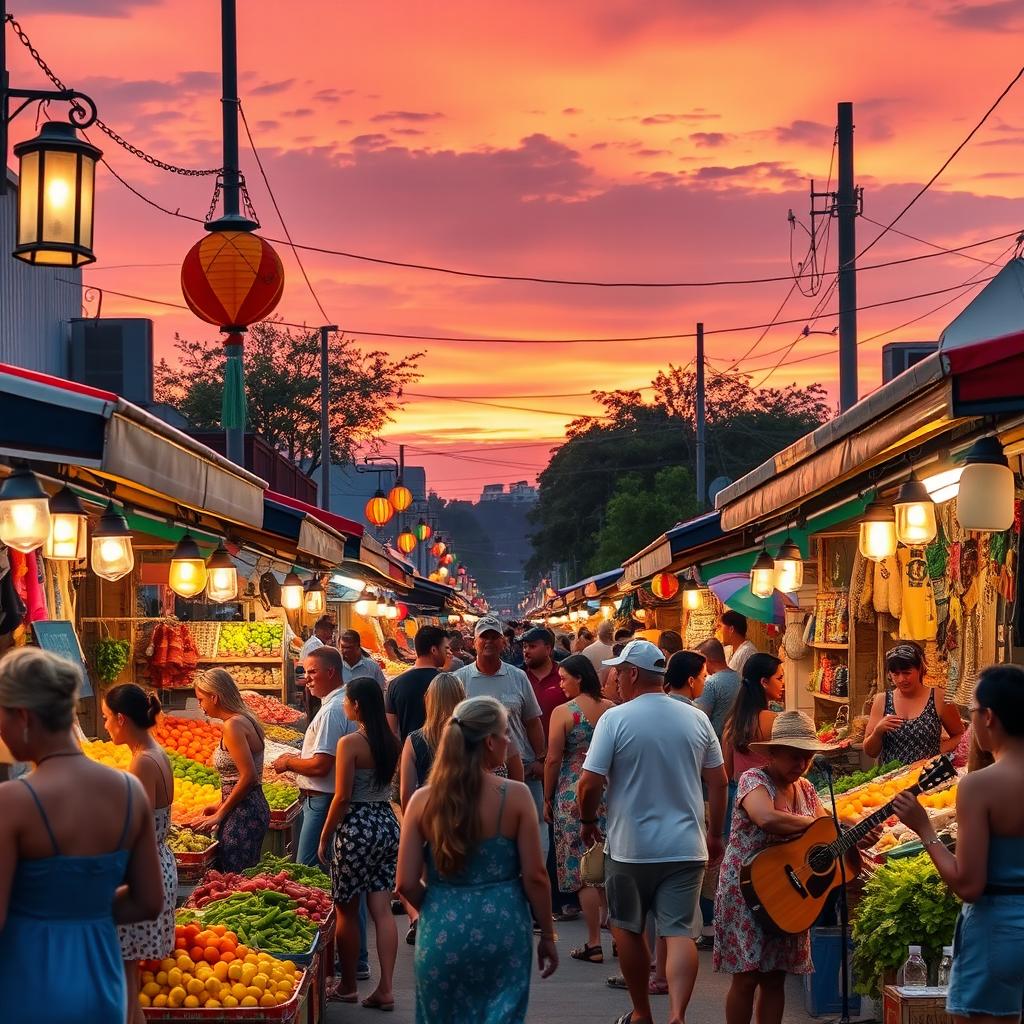 A vibrant street market during sunset, filled with colorful stalls selling fruits, vegetables, and handmade crafts