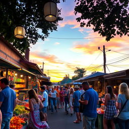 A vibrant street market during sunset, filled with colorful stalls selling fruits, vegetables, and handmade crafts