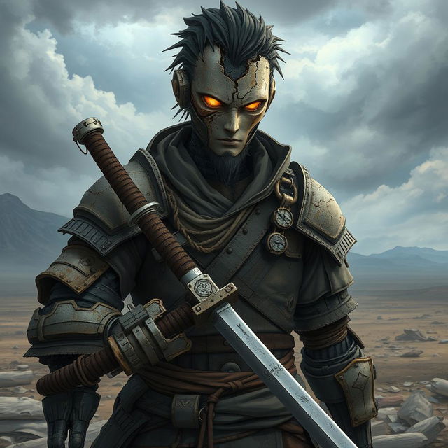 A mechanical doll man depicted in an anime style, showcasing a weathered male swordsman with a mechanical face that appears to be breaking down